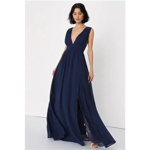 Love by Design NWT Athen deep plunge v neck Nordstrom Navy flowy evening gown XL - Picture 1 of 16